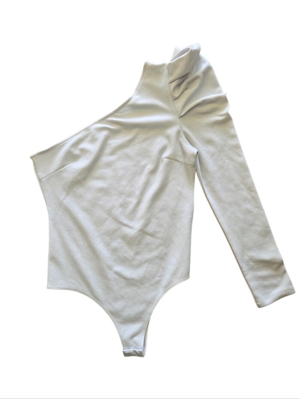 Y2K TCEC White Ribbed One-Shoulder Puff Sleeve Bodysuit Size Large Asymmetrical